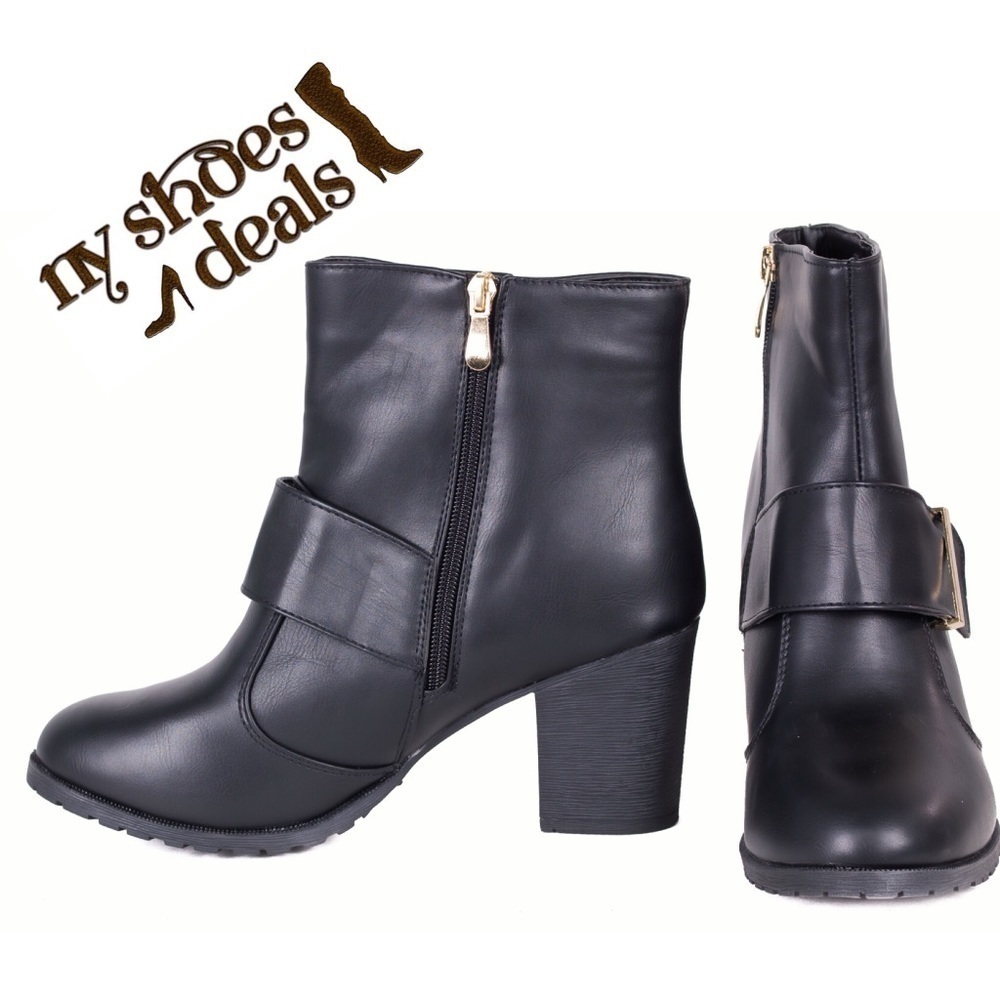 Women Short Faux Leather Boots, Ankle Booties w/ Buckle, 8"